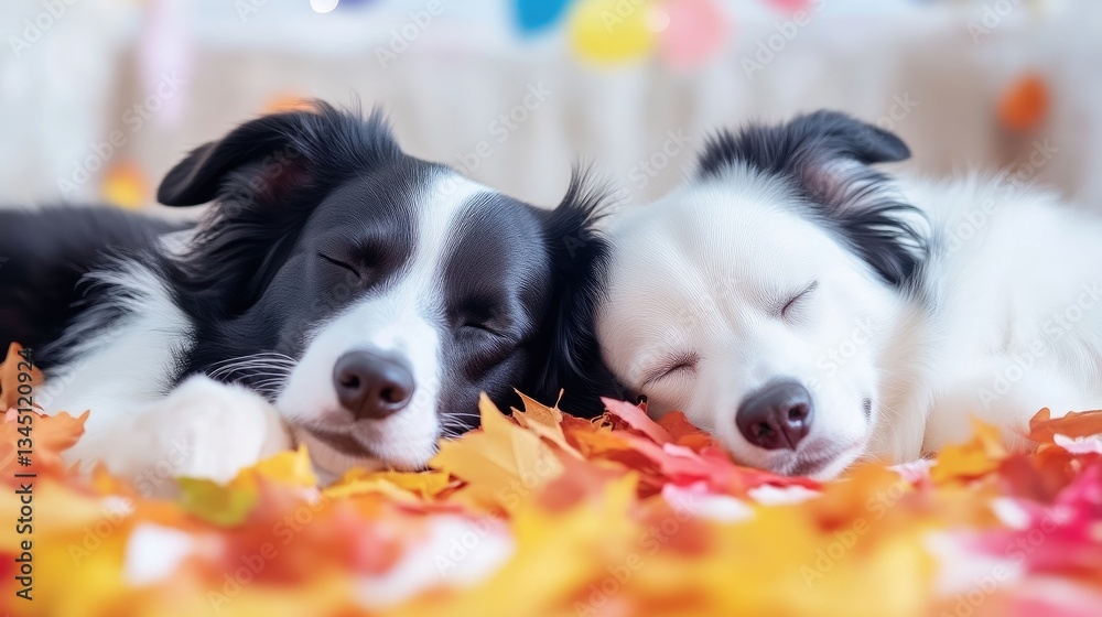 Obraz premium Two Sleepy Border Collies in Autumn Leaves
