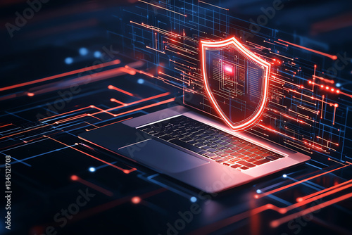 laptop with glowing security shield symbolizing digital protection and cybersecurity. background features network of lines and circuits, enhancing tech theme