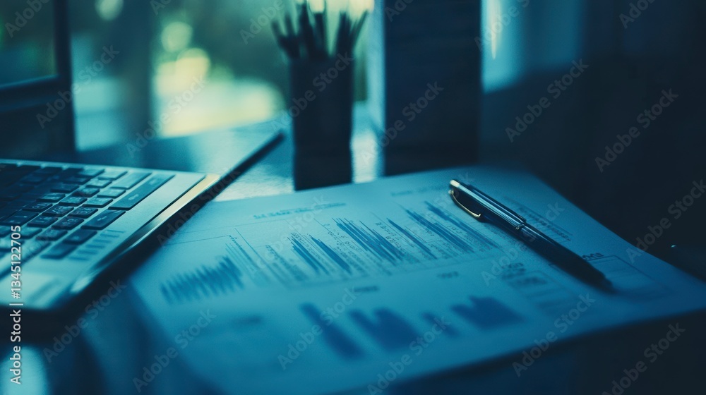 Business documents on desk, laptop, charts, graphs, workplace, for presentations
