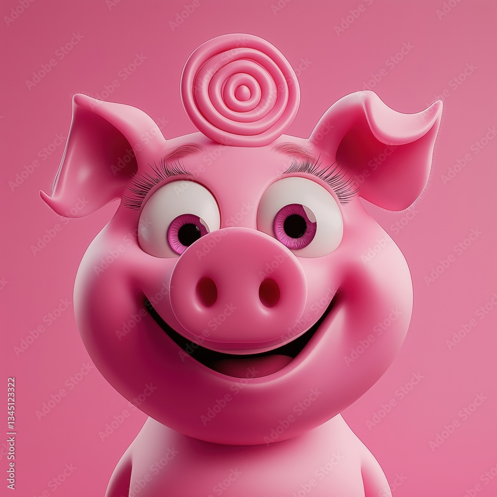 Fototapeta premium 3d render A cartoon pig, bright pink with large, expressive eyes, cheerful smile