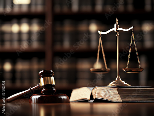 Scales of justice on books in a law library, symbolizing legal balance and authority in a professional office setting.	
