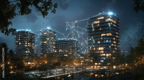 Futuristic apartment buildings at night, illuminated by network, urban setting. Possible use architectural visualization, technology, smart city