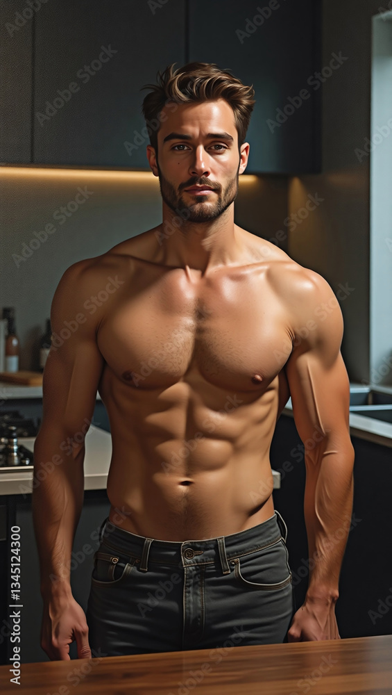 Realistic Painting of a Handsome Man Standing in a Cozy Modern Kitchen Realistic Painting of a Handsome Man Standing in a Cozy Modern Kitchen