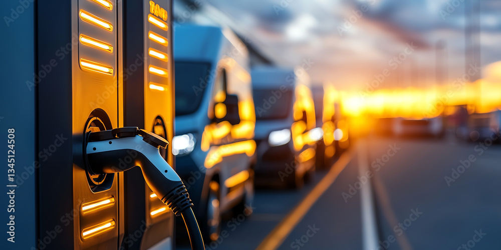 Electric vehicle charging station at sunset with multiple vans in background, showcasing modern transportation technology and sustainability
