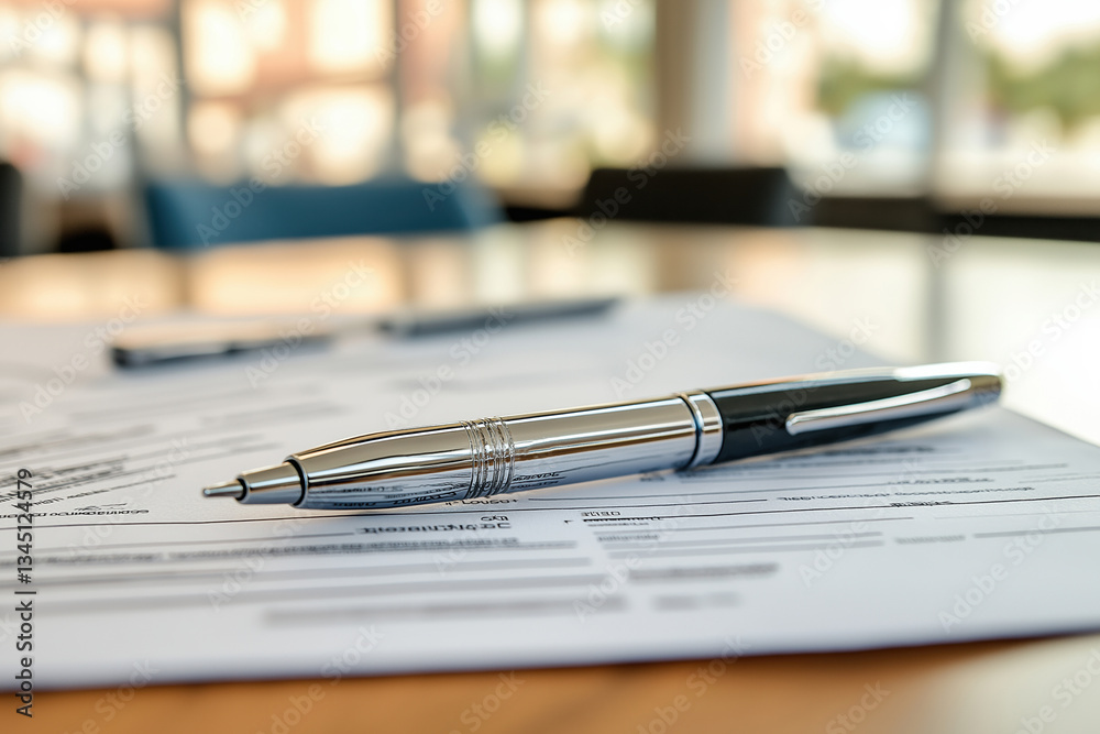 Fototapeta premium Close-up of a sleek pen resting on important documents in a well-lit workspace