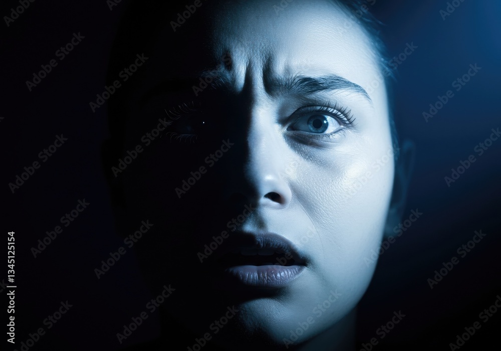 Intense Expression of Fear in Dim Lighting Captures Human Emotion and Drama, Perfect for Cinematic and Psychological Themes