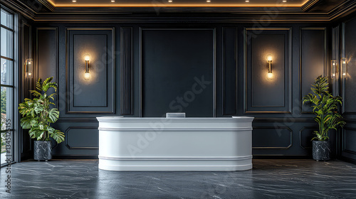 Luxury Modern Reception Desk Interior Design: Elegant Black and White Office Lobby