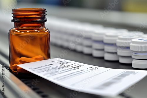 Prescription medication bottle with tablets and labels on pharmacy conveyor belt