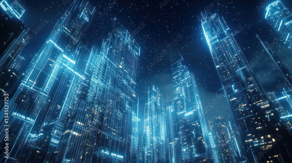 Obraz premium Futuristic city at night, glowing skyscrapers, starry sky, urban landscape, architectural scene, digital art, night view, cityscape