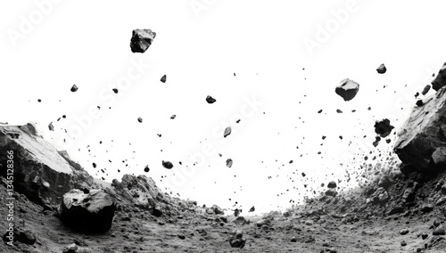 A close-up view of shattered concrete rubble and a dust cloud, isolated against a white background 
