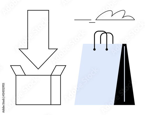 Shopping bag beside box with downward arrow suggesting product delivery, shipping, and online shopping. Ideal for retail, e-commerce, delivery, logistics, packaging, sales flat simple metaphor