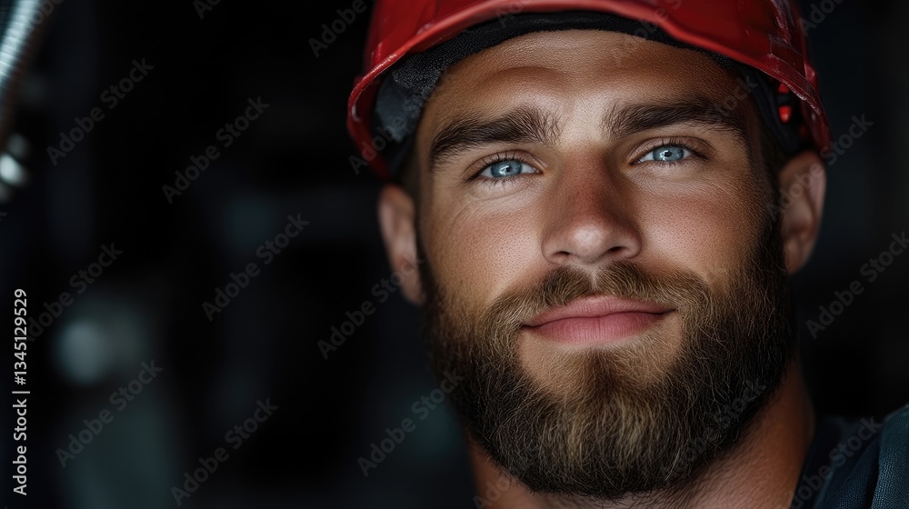 Fototapeta premium Close-up portrait of a construction worker. Focused on the face and upper body of a confident, experienced worker