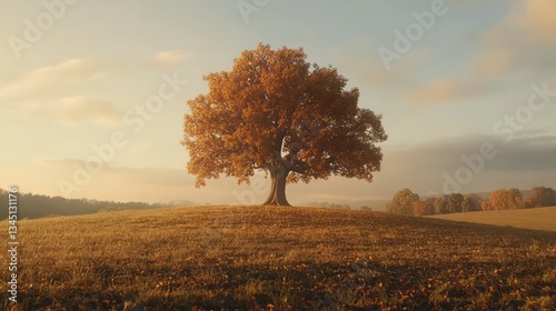 A single majestic oak tree standing alone in a vast field, with golden autumn leaves on the ground beneath it 