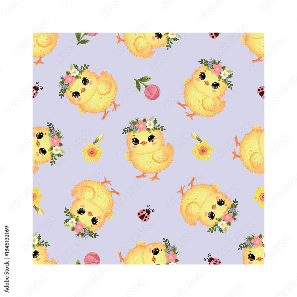 Fototapeta premium Adorable Easter chick seamless pattern with flowers and ladybugs on soft lilac background