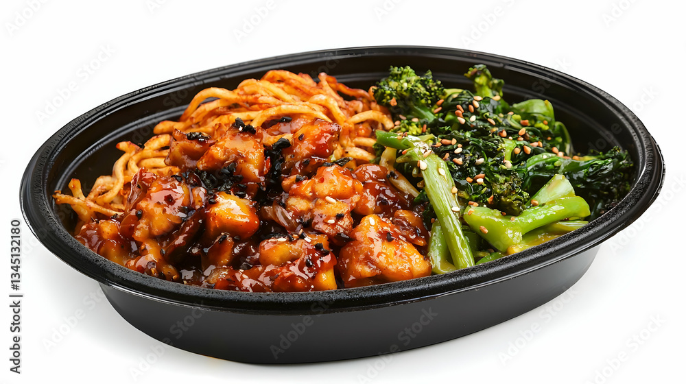 Fototapeta premium Teriyaki Chicken Noodles With Broccoli In Black Disposable Bowl