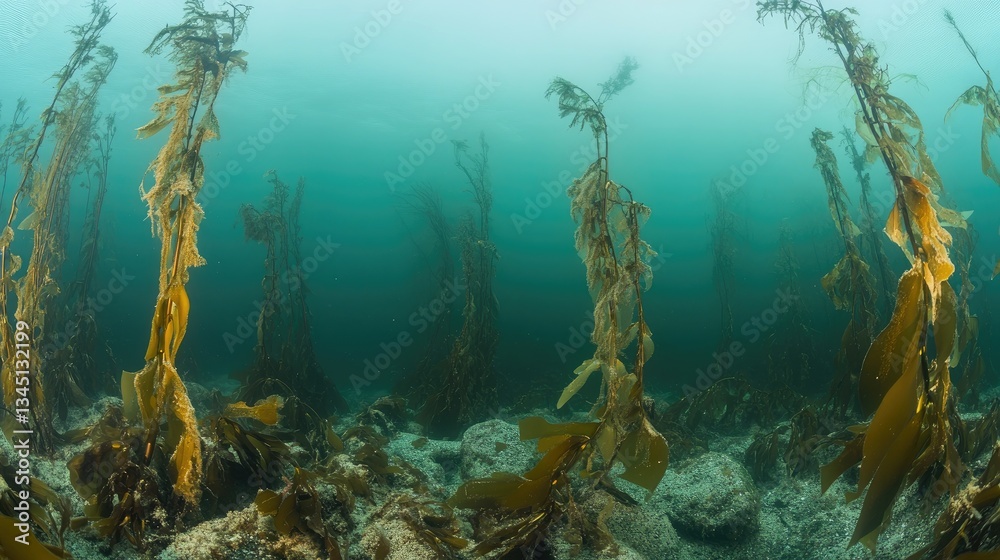 Fototapeta premium Underwater Scene of Kelp Forest with Tall Stalks Surrounded by Marine Life in a Gentle Ocean Current