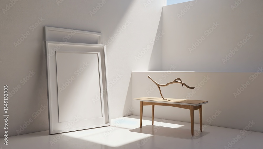 Fototapeta premium Sunlit Room with Empty Frame, Wooden Table, and Branch