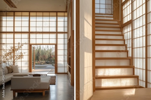 Interior space featuring a wooden staircase and minimalist furnishings design