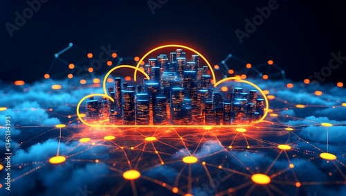Glowing orange nodes in futuristic cloud computing network
