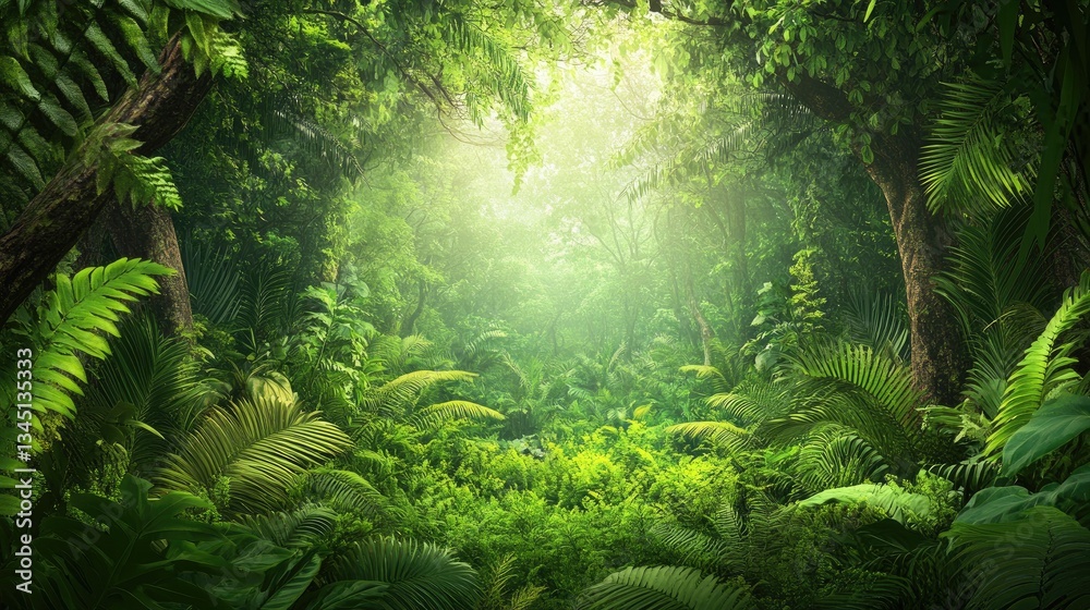 Fototapeta premium Lush Green Forest Landscape with Sunlight Filtering Through Dense Foliage and Vibrant Plant Life in Nature's Embrace