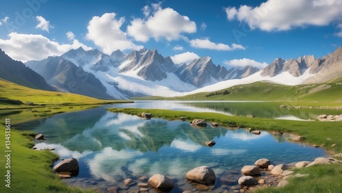 A panoramic view of a tranquil alpine lake reflecting majestic snow-capped mountain ranges under a clear blue sky. photo