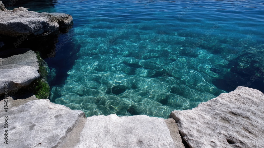 Crystal-clear turquoise water laps gently against light gray rocks. Sunlight shimmers on the bottom Crystal-clear turquoise water laps gently against light gray rocks. Sunlight shimmers on the bottom