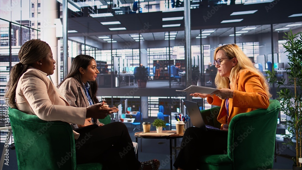 Αυτοκόλλητο Angry female CEO yelling at her executive assistants due to business failure, showing her frustrations and disappointment because of the ruined project