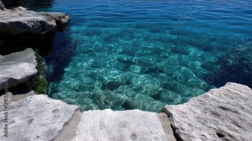 Crystal-clear turquoise water laps gently against light gray rocks. Sunlight shimmers on the bottom