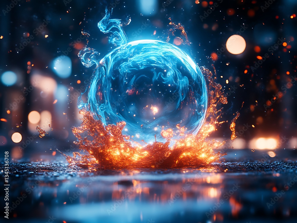Fototapeta premium Cityscape Energy Orb: Fire & Ice Fusion.