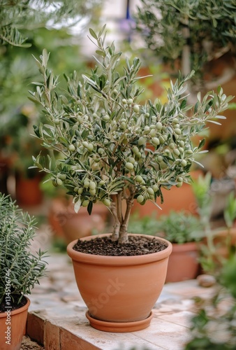Potted Olive Tree with Green Olives in a Garden Setting Surrounded by Nature and Decorative Plant Pots in a Beautiful Outdoor Environment