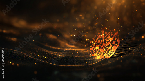 Golden Arabic Calligraphy Floating in a Mystical Dark Background photo