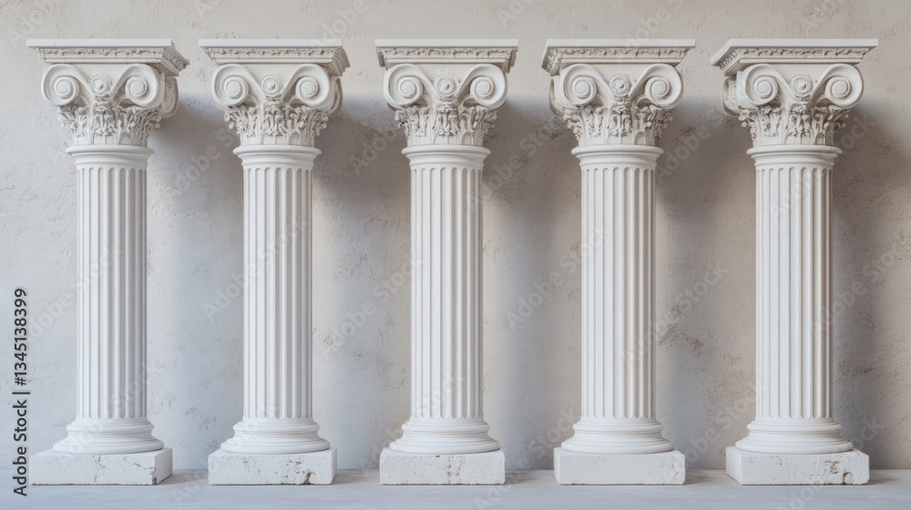 Five Ancient Columns on Beige Marble Wall Five Ancient Columns on Beige Marble Wall