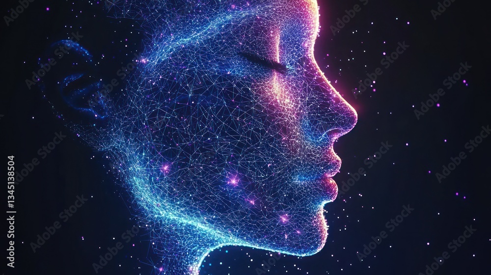 Glowing, network-like face profile with closed eyes, against dark backdrop Glowing, network-like face profile with closed eyes, against dark backdrop
