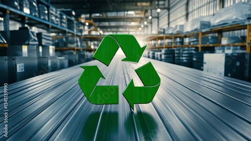 Green Recycling Symbol in Industrial Factory Setting