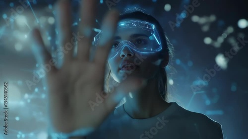 Wallpaper Mural Software engineer wearing vr glasses uses augmented reality, interacting with holographic interface, manipulating digital data with hand gestures in dark room Torontodigital.ca