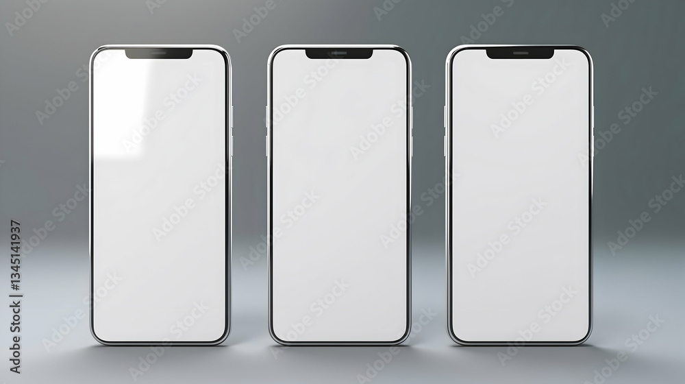 Three sleek smartphones standing side-by-side, ready for your app or design, showcasing a clean minimalist aesthetic against a neutral grey background. Three sleek smartphones standing side-by-side, ready for your app or design, showcasing a clean minimalist aesthetic against a neutral grey background.