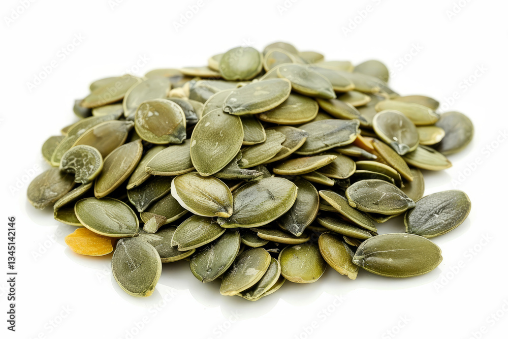 Heap of green pumpkin seeds isolated on white background Heap of green pumpkin seeds isolated on white background