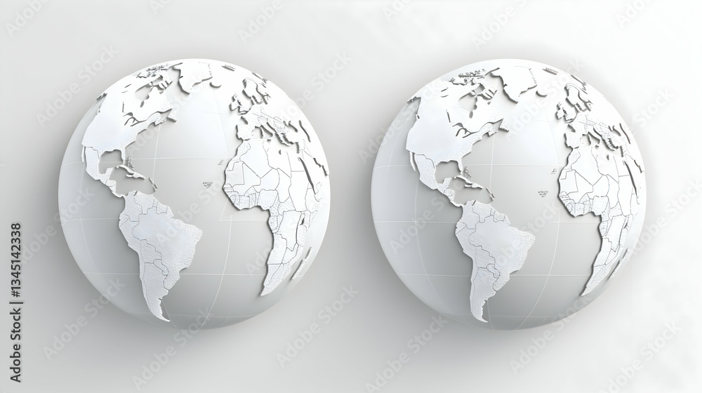 Naklejka premium Two mirrored globes represent global unity and interconnectedness, a minimalist monochrome design on a neutral background.