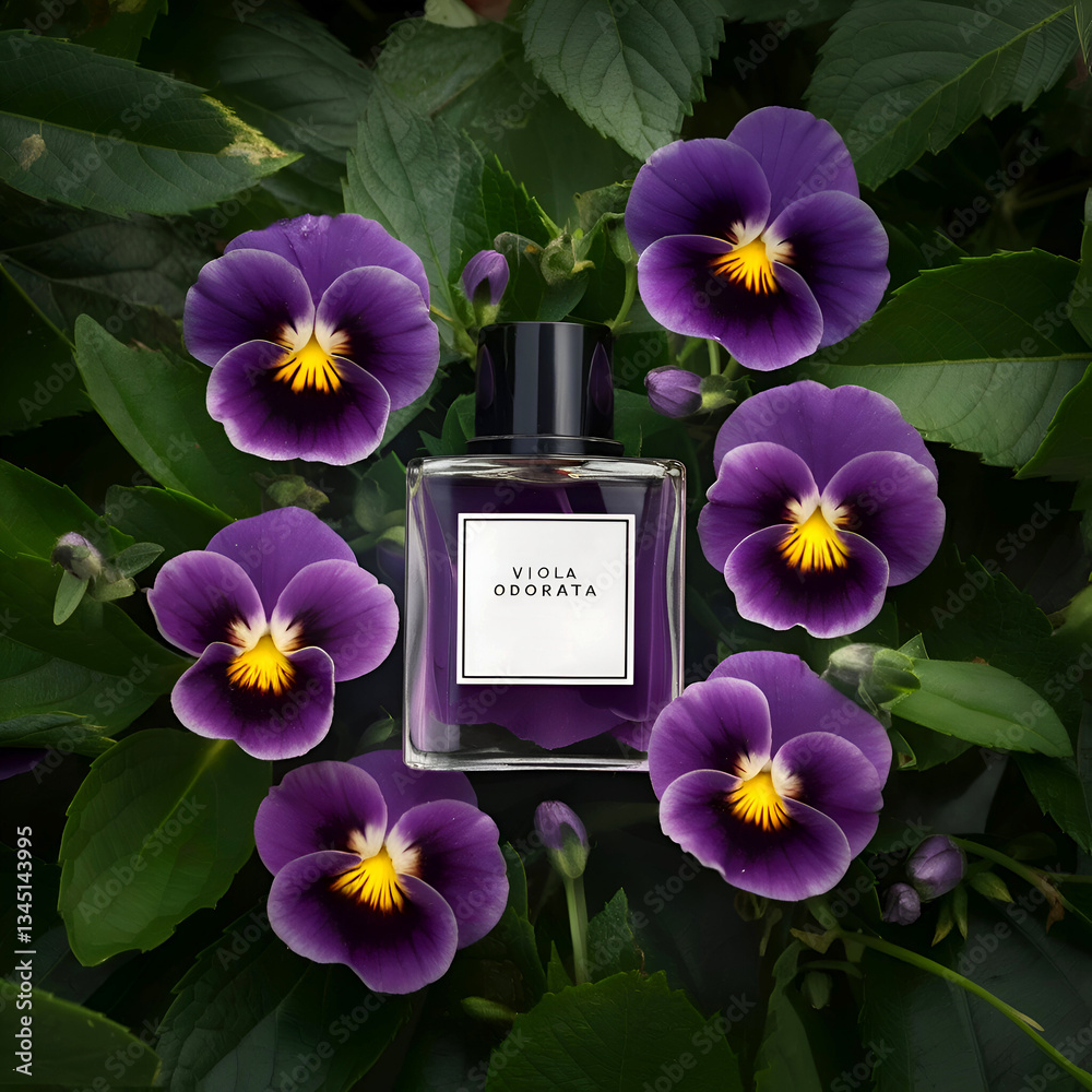 purple flowers of Viola odorata with bottle of viola essence absolue. Ai generated