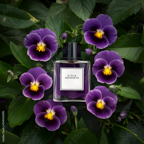 Obraz na płótnie purple flowers of Viola odorata with bottle of viola essence absolue. Ai generated w salonie