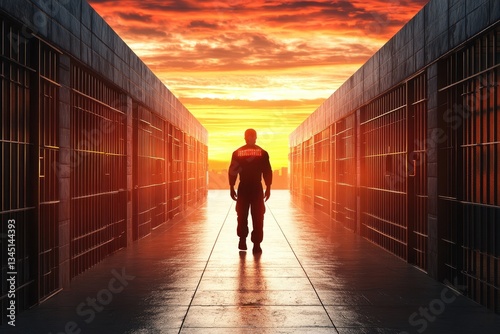 A prison hallway leads to the sunset with a silhouetted figure
