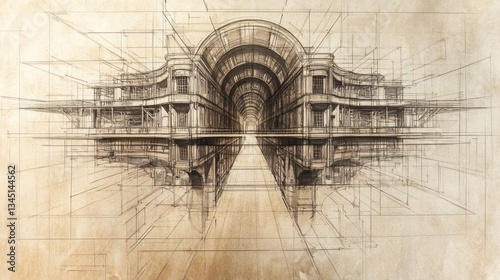 Architectural sketch, vintage marketplace, perspective, sketch drawing, sepia tones, possible use as a background image for projects