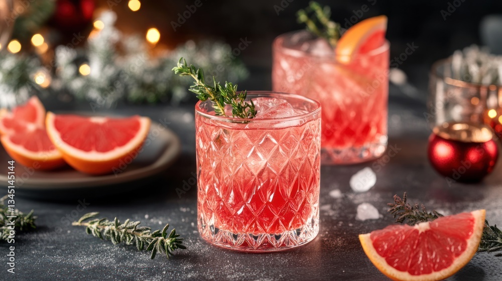 Delicious cocktails with grapefruit slices and thyme sprigs prepared Delicious cocktails with grapefruit slices and thyme sprigs prepared