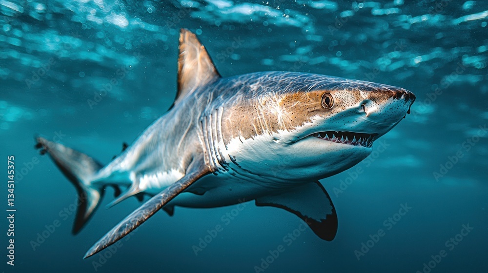 Naklejka premium Great white shark swimming under clear water with visible teeth and muscular body