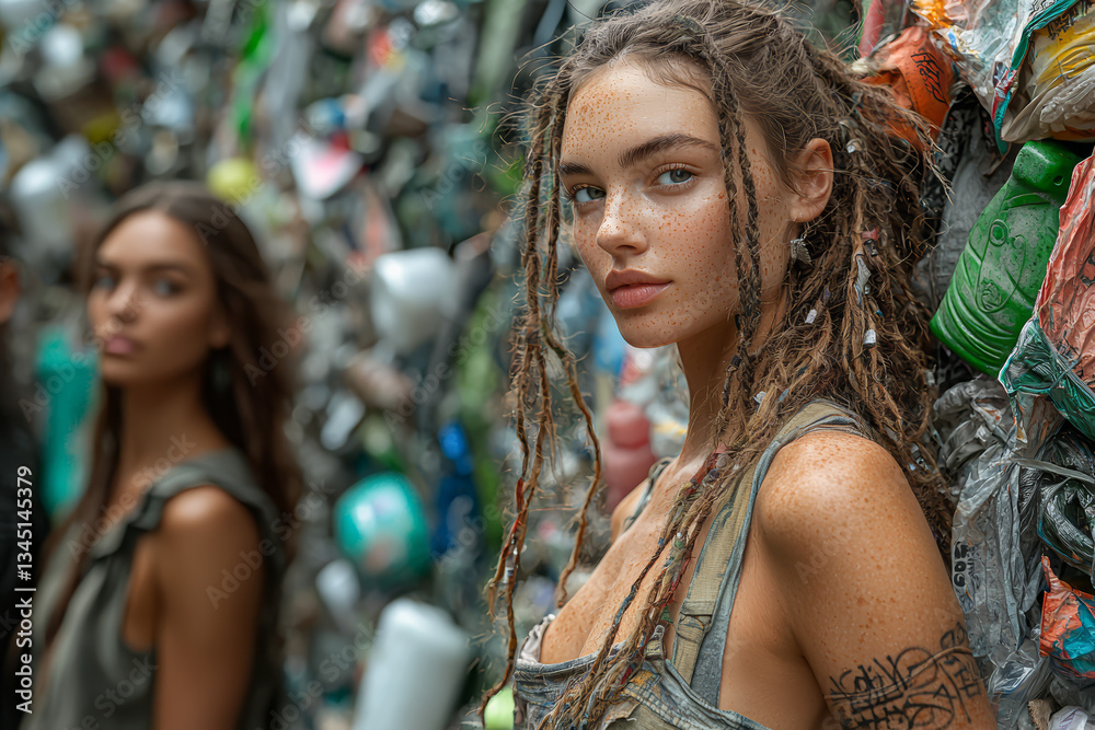 A fashion brand's photo shoot with models wearing recyclable clothing. Concept of sustainable fashion and ethical branding.
