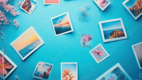 Various framed photos are arranged on a vibrant blue surface