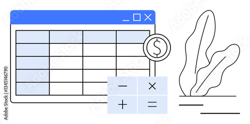 Spreadsheet window, calculator buttons, dollar coin, abstract plant line art. Ideal for finance, budgeting, accounting, business management data analysis cost estimation education. Flat simple