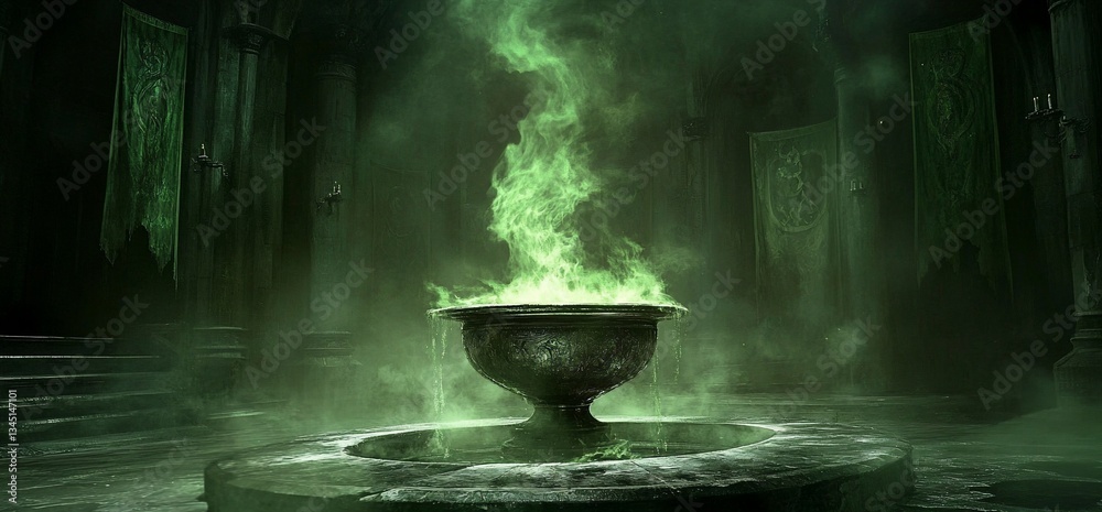 Mysterious green flames dance above an ancient fountain, filling the hall Mysterious green flames dance above an ancient fountain, filling the hall