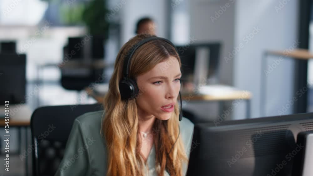 Sales agent talking headphones sitting office closeup. Professional operator 