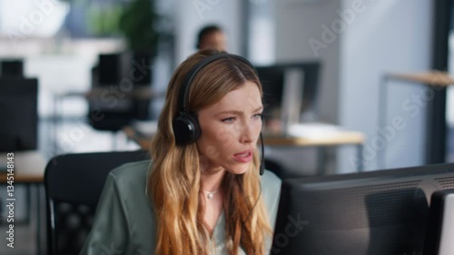 Sales agent talking headphones sitting office closeup. Professional operator 